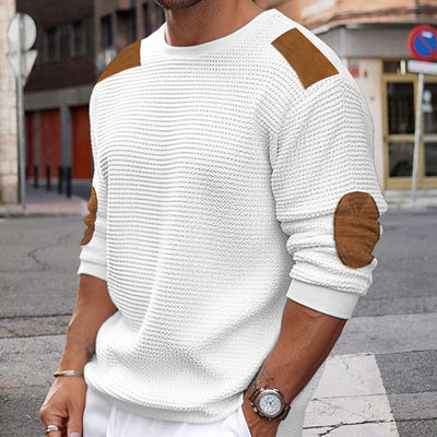 Wilbur | Weißer Strickpullover mit braunen Wildleder-Akzenten