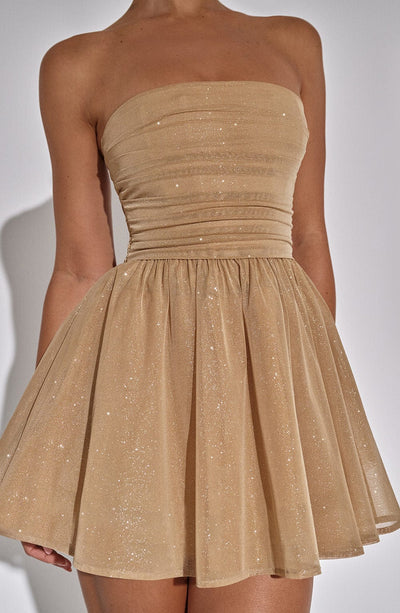 Katrina | Schulterfreies Minikleid mit Glitzerdetails und Ausgestelltem Rock