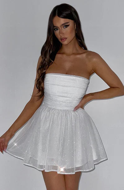 Katrina | Schulterfreies Minikleid mit Glitzerdetails und Ausgestelltem Rock