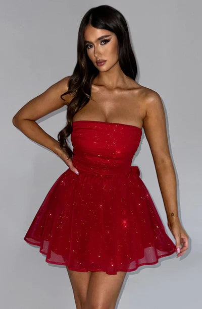 Katrina | Schulterfreies Minikleid mit Glitzerdetails und Ausgestelltem Rock