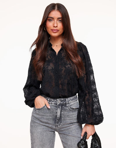 Schwarze transparente Damenbluse mit floraler Stickerei – elegant und modern von Zendoo