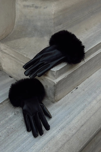 Emma | Flauschige Lederhandschuhe in Schwarz für Damen